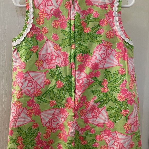 Lilly Pulitzer Shift Dress Palm Trees Floral Tents Pink Green Girls Size 5 - Picture 13 of 15